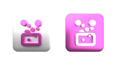Fototapeta premium Colorful Bar of soap icon isolated on white background. Soap bar with bubbles. Square button. 3D render illustration
