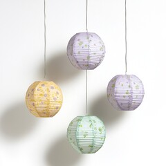 Fototapeta premium Colorful paper lanterns hang from strings, adding a whimsical touch to a simple wall backdrop, perfect for decoration and ambiance enhancement.
