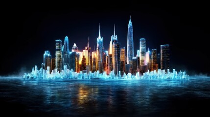 Fototapeta premium A grand ice sculpture of a futuristic city skyline, complete with skyscrapers and bridges, shining under white LED lights, highly detailed, 4K