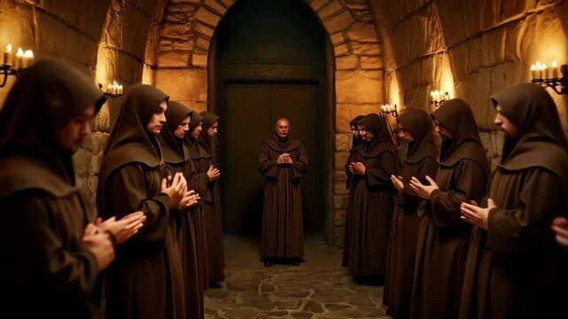 Medieval monks gathering for prayer in the church of a monastery