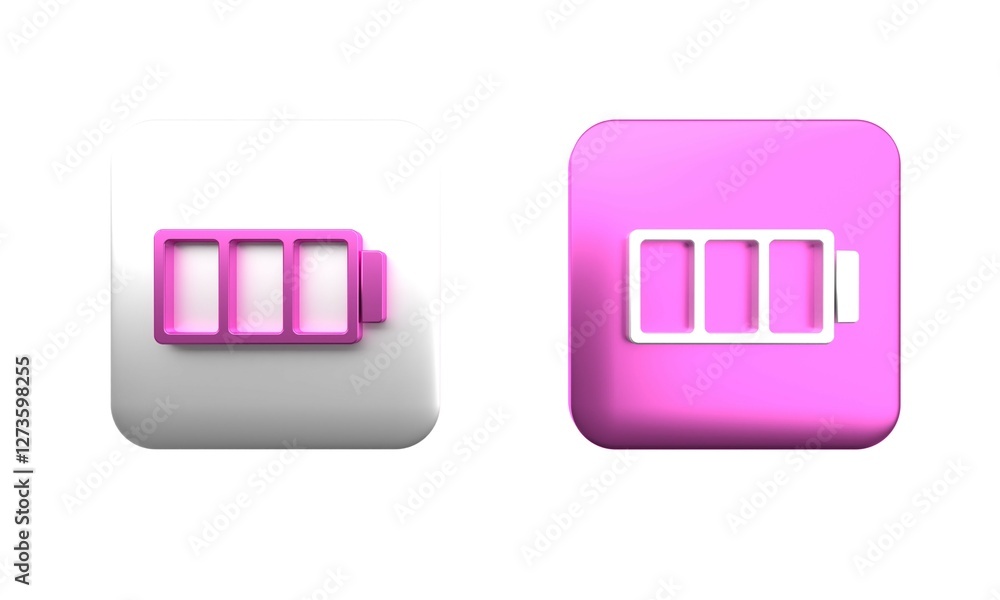 Poster colorful battery charge level indicator icon isolated on white background. square button. 3d render 