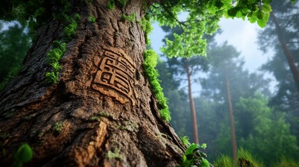 Fototapeta premium A majestic oak tree with intricate carvings of ancient runes and mythical creatures on its bark, surrounded by a misty forest at dawn, realistic photo, ultra-detailed