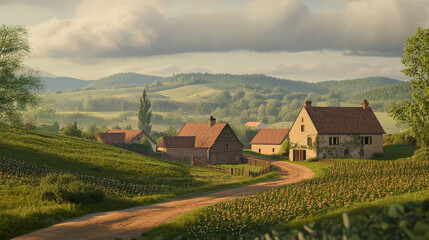 Village landscapes vector illustration farm house agriculture graphic countryside