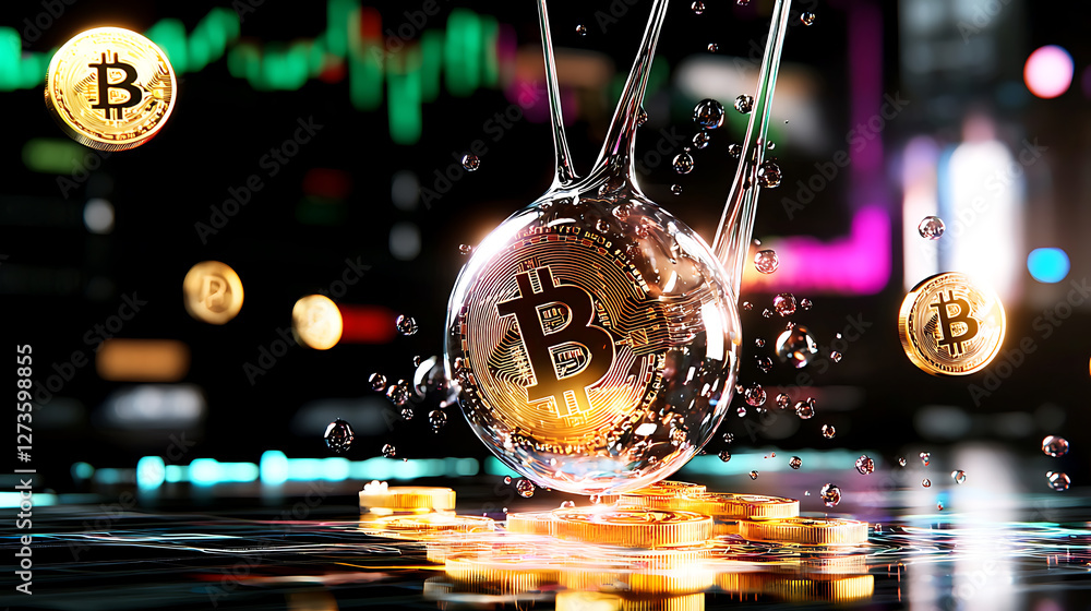 Poster droplet splashing on bitcoin coins digital finance 3d visualization abstract background close-up vie
