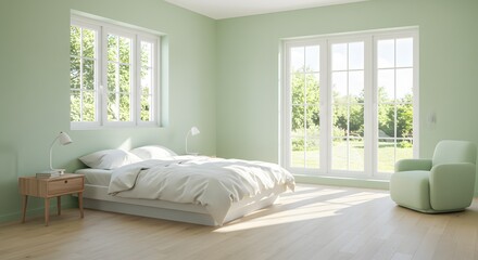 Fototapeta premium Serene Bedroom with Green Walls and Garden View