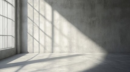 Modern empty interior with concrete walls and large windows casting shadows on the floor