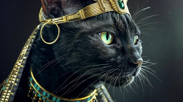 a black cat wearing Egyptian headdress, Bastet or bast Egypt god in shape of a cat wearing ancient Egyptian accessories