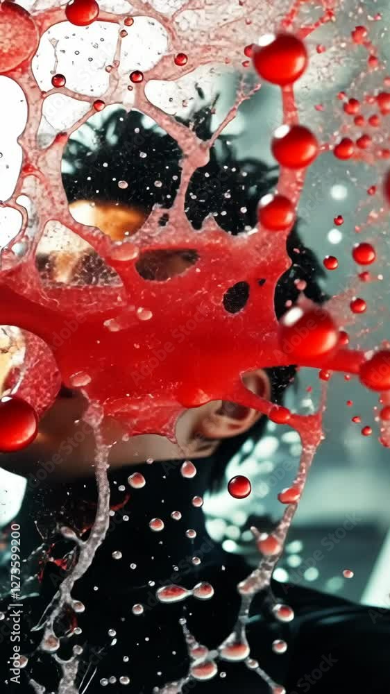 Poster creative portrait with red liquid splash on glass capturing intrigue and artistic expression in stud