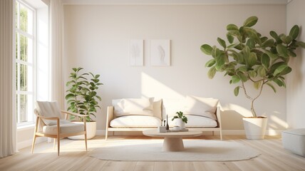 Fototapeta premium Bright and airy living room with natural elements