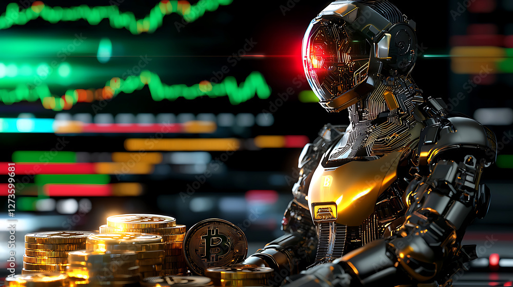 Poster futuristic ai robot analyzing cryptocurrency trends digital trading hub 3d render tech environment c