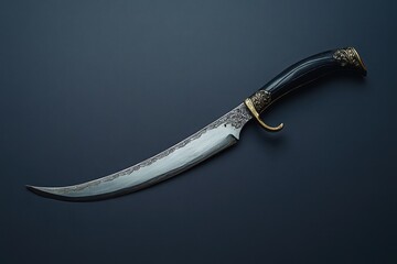 Ornate curved dagger with dark handle resting on gray background