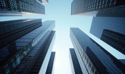 Fototapeta premium A striking low-angle view of modern skyscrapers, showcasing innovative architecture and urban design in a corporate landscape.