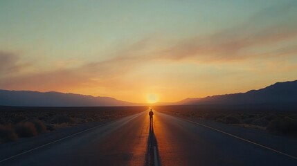 Solitary figure walking towards sunset on a long road.