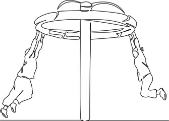 One continuous single drawing line art flat doodle children, hanging on hands, playground, outdoors, circle, carousel, in a circle, spin. Isolated image hand draw contour on a white background, hand d