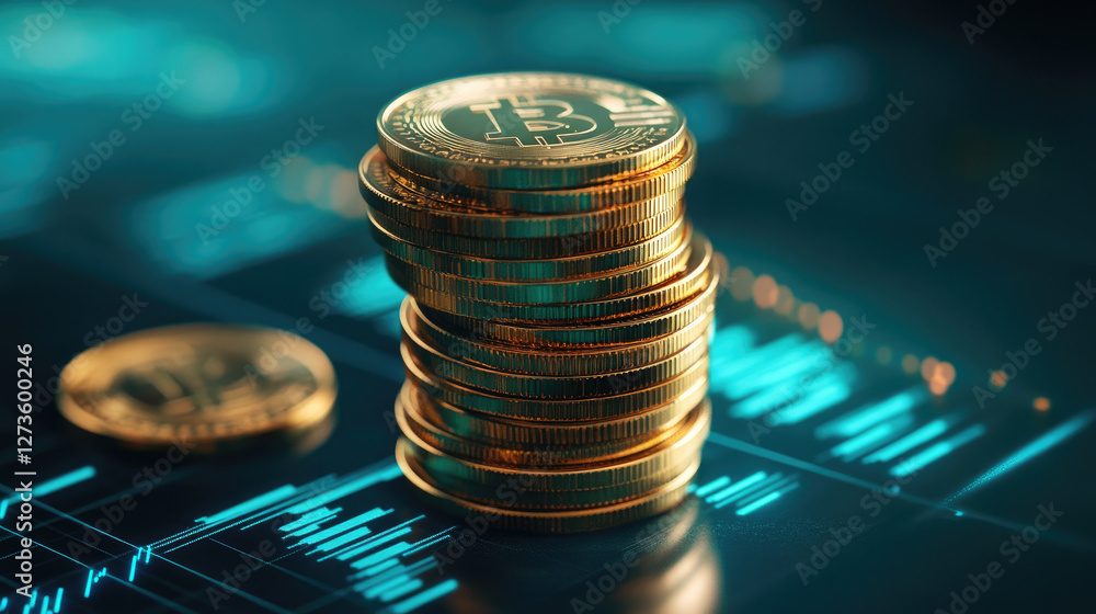 Poster business success highlighted by close-up of stacked currency coins with financial data overlay in a 