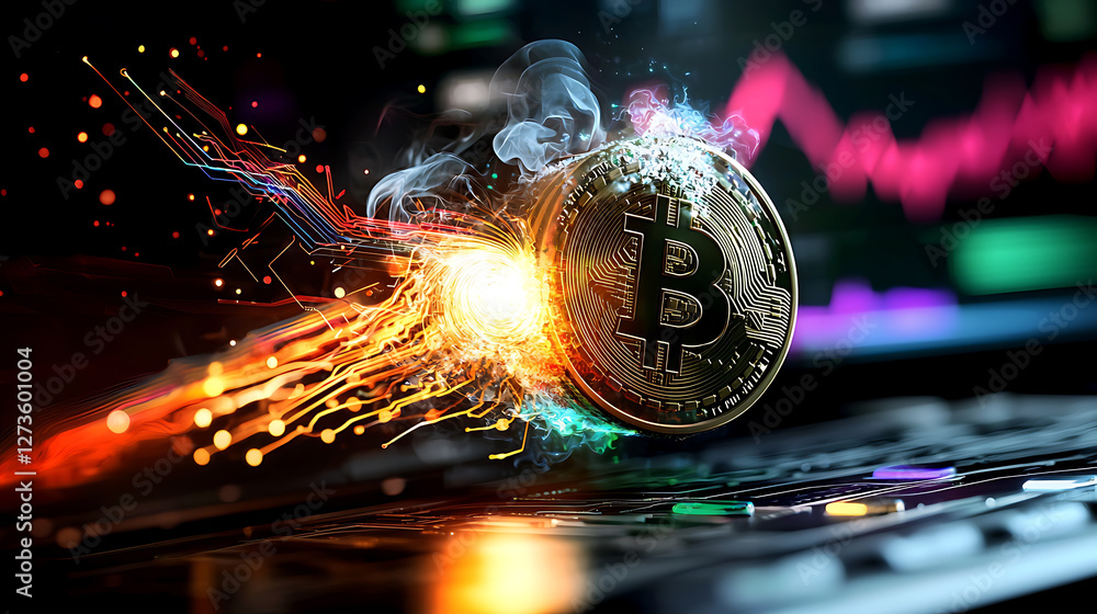 Poster dynamic bitcoin transformation digital finance cryptocurrency visual tech environment close-up view 