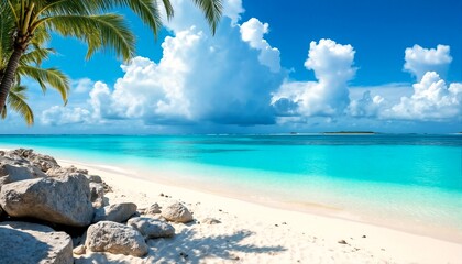 Naklejka premium Tropical Beach with Palm Tree and Rocks on Sandy Shore.