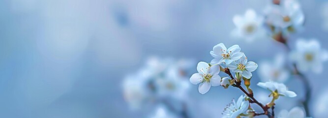 Fototapeta premium Beautiful white cherry flowers on light blue blurred backgrond. Amazing close-up of spring blossom. Cool clear pure scene displaying beauty of elegance. Business advertisement materials. Copy space