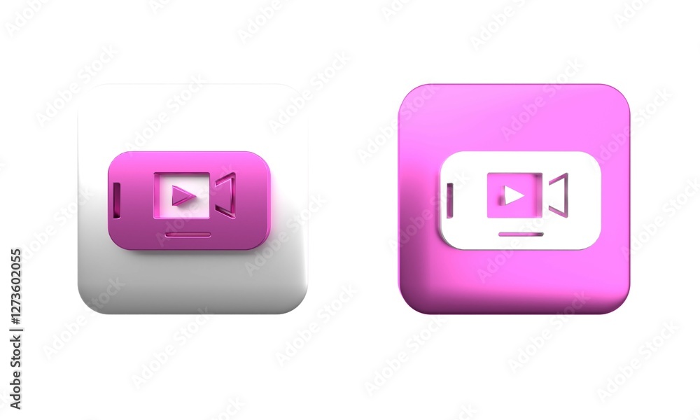 Canvas Prints Colorful Online play video icon isolated on white background. Smartphone and film strip with play sign. Square button. 3D render illustration