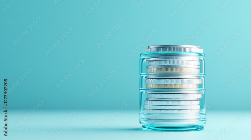 Poster exploring minimalist design in modern wealth management stacked coins and transparent bar charts for