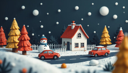 Naklejka premium A miniature of a toy house, trees, and cars in a winter scene