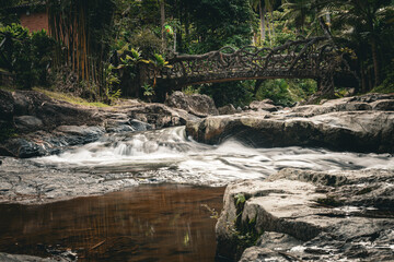 Waterfall and Bridge in a Tropical Forest
