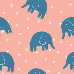 Animal seamless pattern with cartoon baby elephant on color background. Cute holiday illustration with elephant. Design for invitation, poster, card, fabric, textile, wrapper.