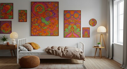 Groovy 70s Bedroom Decor: Psychedelic Art Prints & Mid-Century Modern Furniture