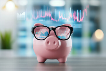 Smart money management strategies using a pink piggy bank and digital financial graphs in modern banking solutions