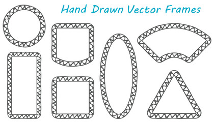 Frame outline set. Hand drawn decorative doodle wave ink brush stroke line, ethnic boho design border collection. Circle, rectangle, triangle shapes. Vector illustration. White background