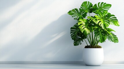 Bright white space with a large philodendron in a ceramic pot, sleek white floor and walls, soft natural light enhancing the minimal aesthetic, 4K ultra-realistic photo