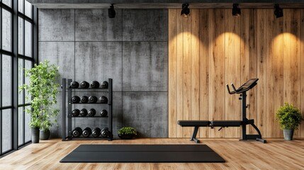 Concrete wall gym interior mockup with black and wooden elements, including weight racks, a rowing machine, and soft ambient lighting, loft design, 4K ultra-realistic photo
