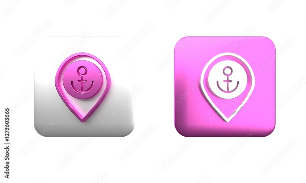 Poster colorful map pointer with anchor icon isolated on white background. square button. 3d render illustr
