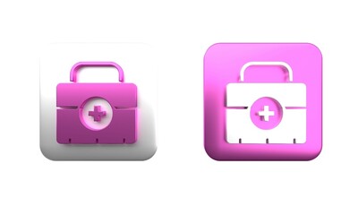Colorful First aid kit icon isolated on white background. Medical box with cross. Medical equipment for emergency. Healthcare concept. Square button. 3D render illustration