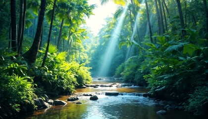 Obraz premium A serene and lush tropical rainforest with a small river running through it.