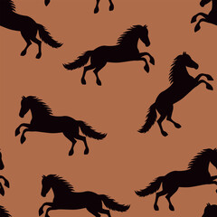 Animal seamless pattern with cartoon horses on color background. Cute holiday illustration with horse. Design for invitation, poster, card, fabric, textile, wrapper.