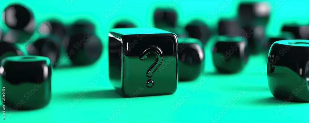 Aufkleber enigma black glossy cubes with question marks on teal background