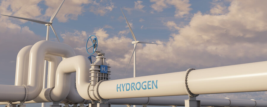 Wind turbines stand alongside hydrogen pipelines under a cloudy sky. Concept of clean energy production and transportation. 3D illustration