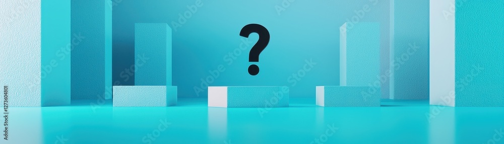 Poster abstract blue background with question mark and geometric platforms for product display