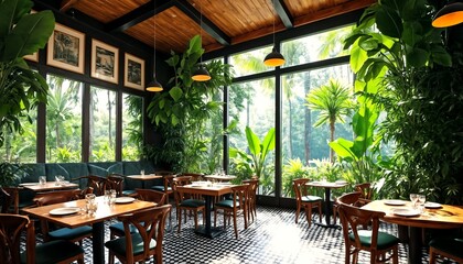 A restaurant dining room with a tropical theme.