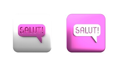 Colorful Salut in different languages icon isolated on white background. Speech bubbles. Square button. 3D render illustration