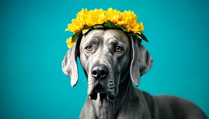 A dog with yellow flowers on its head.
