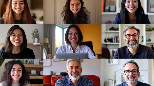 Diverse Team Virtual Meeting: A vibrant mosaic of diverse individuals engaged in a virtual meeting, each radiating positivity and connection through their smiling faces.