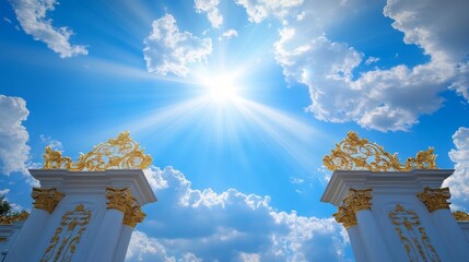 Heavenly Gate. Golden Ornate Gate Under Bright Sun And Blue Sky, Perfect For Aspirational And Inspirational Themes.