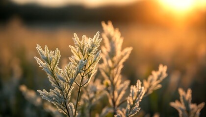 The sun sets behind a frosty plant.