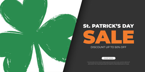 St. Patrick's Day Sale. Commercial banner with brush stroke lucky clover for Patricks Day holiday shopping promotion and sale advertising. Vector illustration.