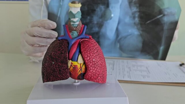 Medical professional examines lung model while reviewing X-ray document in clinic