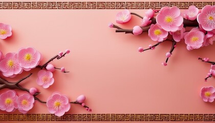 blooming pink flower plum blossoms in warm background with Chinese latticework borders patte