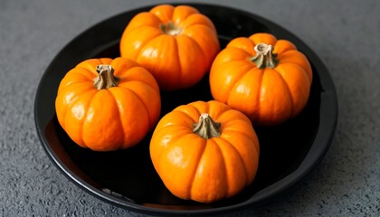 Obraz premium Three Pumpkins on Black Plates.