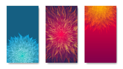 Three abstract backgrounds with a 3D element resembling a flower in different colors.
